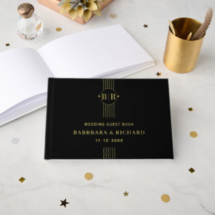 Elegant gold foil stripes, initials black wedding guest book