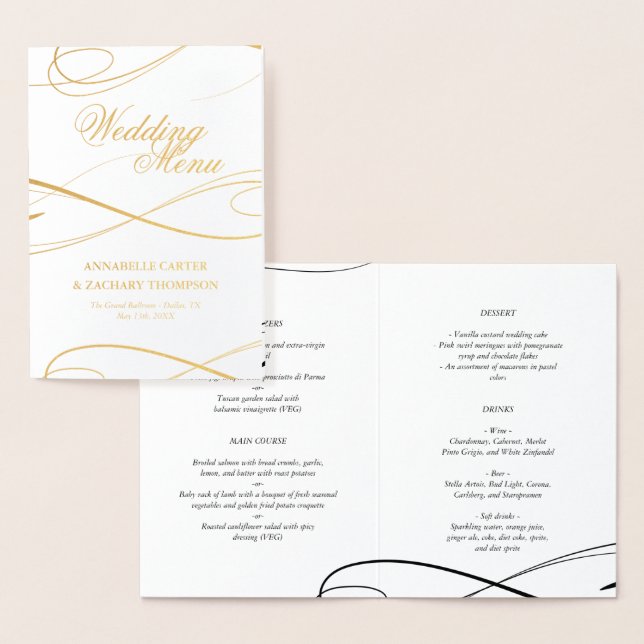 Elegant Gold Foil Swashes Wedding Menu (Display)