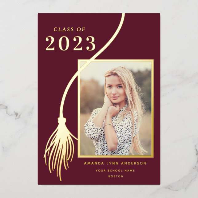 Elegant Gold Foil Tassel Graduation Announcement (Front)