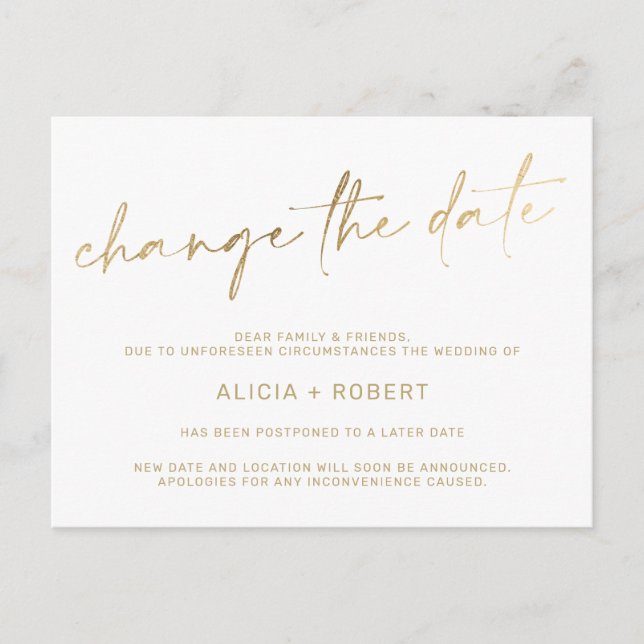 Elegant gold foil white wedding change the date announcement postcard (Front)