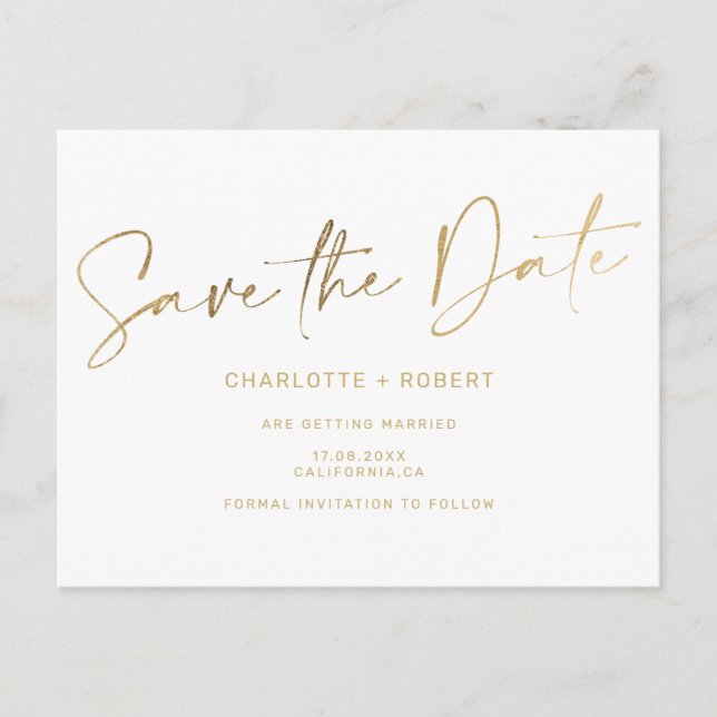 Elegant gold foil white wedding save the date announcement postcard (Front)