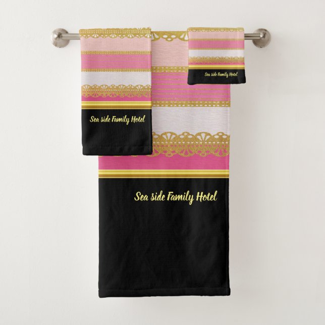 Elegant Gold Foil with pink and white Stripe Bat Bath Towel Set (Insitu)