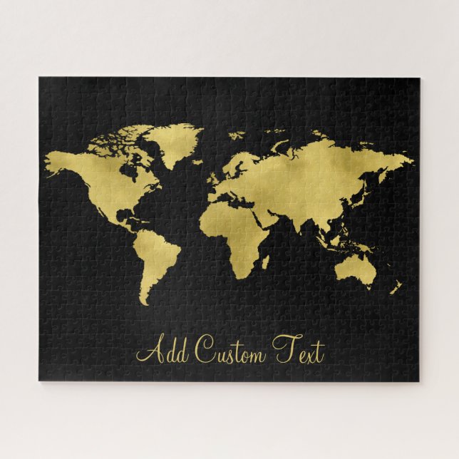 Elegant Gold Foil World Earth Map Add Custom Text Jigsaw Puzzle (Horizontal)
