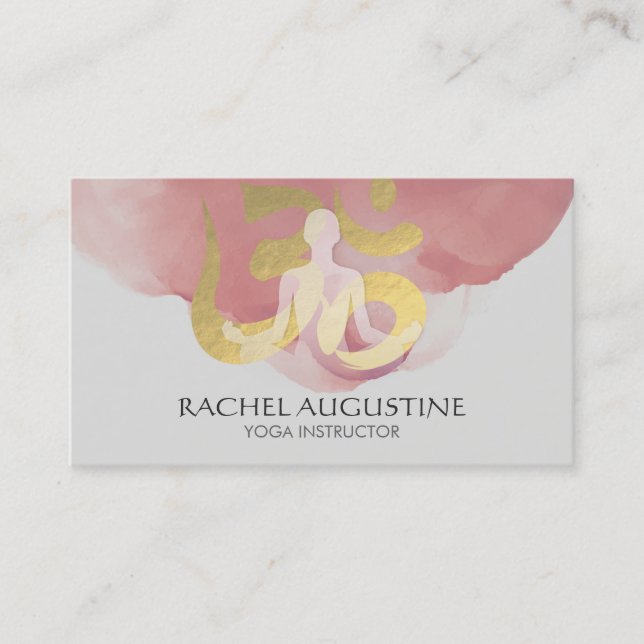 Elegant Gold Foil Yoga Meditation Pose & Om Symbol Business Card (Front)