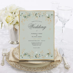 Elegant Gold Foilage Watercolor Sage Green Script Invitation