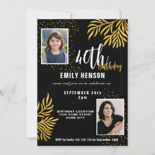  Elegant Gold Foliage 2 Photo 40th Birthday Party  Invitation