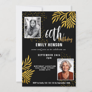 Elegant Gold Foliage 2 Photo 60th Birthday Party Invitation