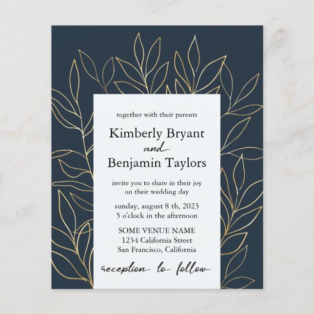 Elegant Gold Foliage. Dusty Blue Luxury Wedding In Flyer (Front)
