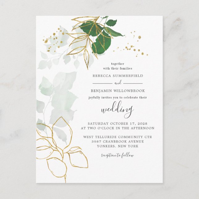 Elegant Gold Foliage Eucalyptus Greenery Wedding Invitation Postcard (Front)