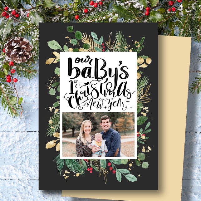 Elegant Gold Foliage Greenery Baby First Christmas Holiday Card (Creator Uploaded)