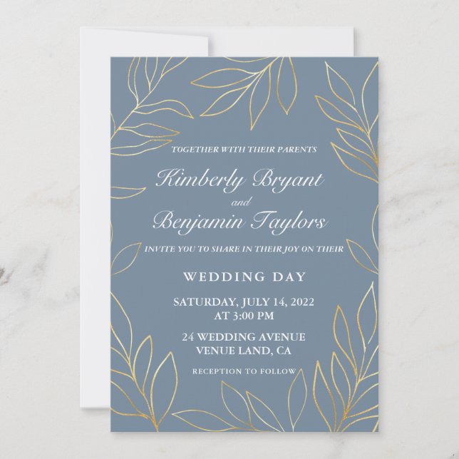 Elegant Gold Foliage on dusty Blue Luxury Wedding Invitation (Front)