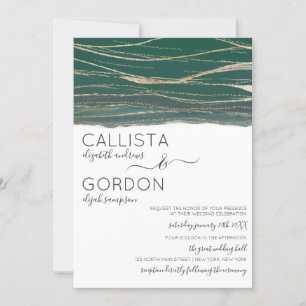 Elegant Gold Forest Green Vein Watercolor Wedding Invitation
