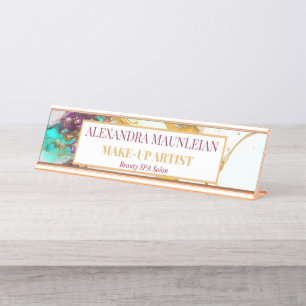 Elegant Gold Fox Marble Monogram Beauty Salon Desk Name Plate