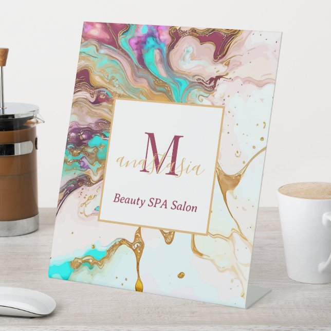 Elegant Gold Fox Marble Monogram Beauty Salon Pedestal Sign (In SItu)