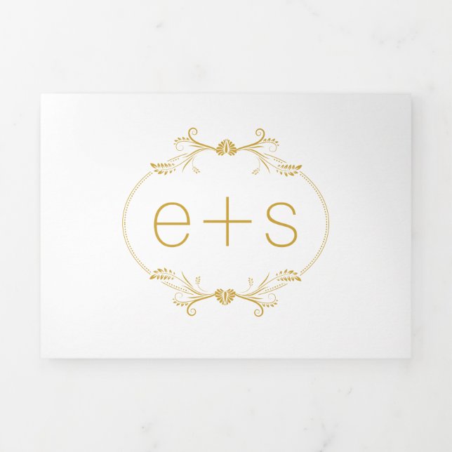 Elegant gold frame and initials monogram wedding Tri-Fold invitation (Cover)