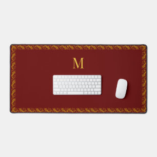 Elegant Gold Frame and Monogram on Maroon Desk Mat
