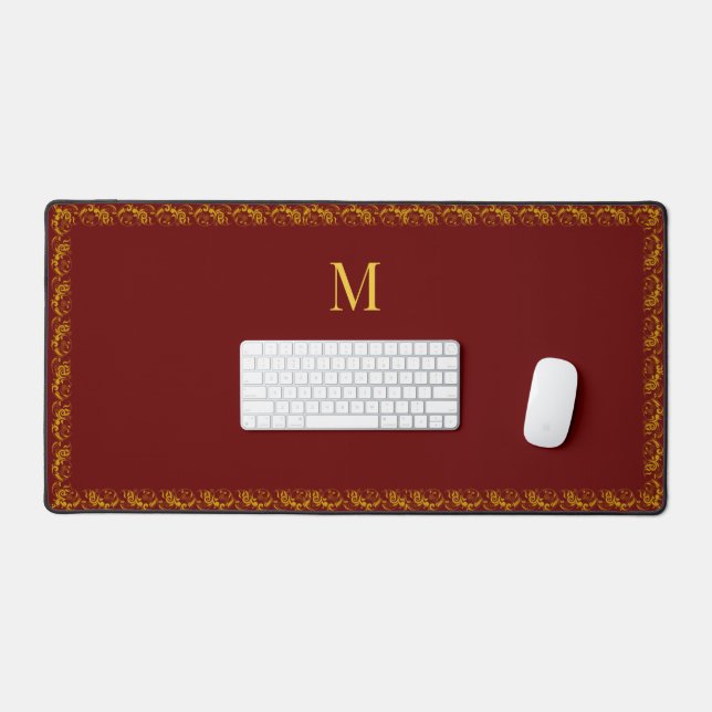 Elegant Gold Frame and Monogram on Maroon Desk Mat (Keyboard & Mouse)