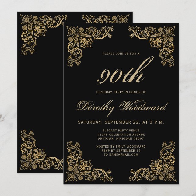 Elegant Gold Frame Black Birthday Party Invitation (Front/Back)