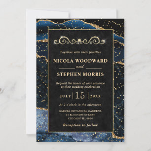 Elegant Gold Frame Blue Agate Wedding Invitation