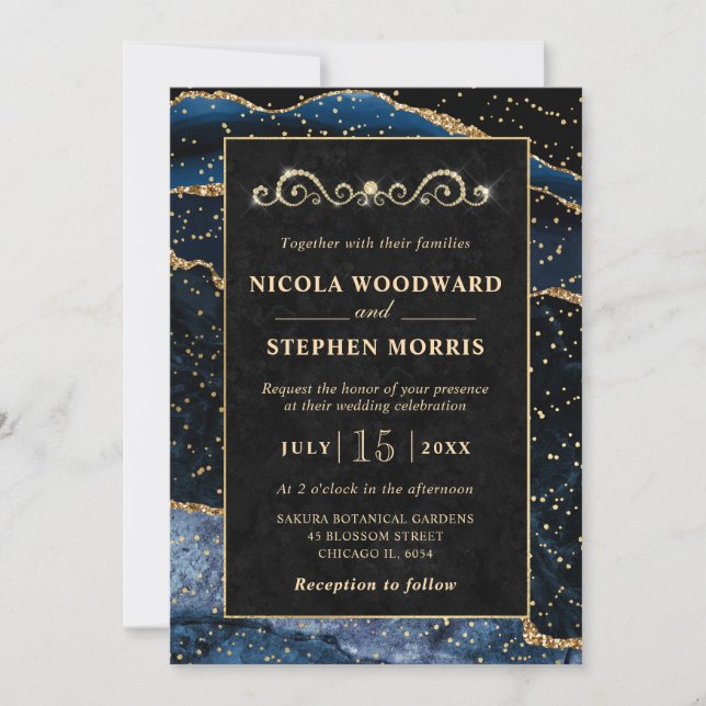 Elegant Gold Frame Blue Agate Wedding Invitation (Front)