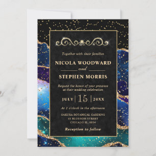 Elegant Gold Frame Blue Galaxy Agate Wedding Invitation