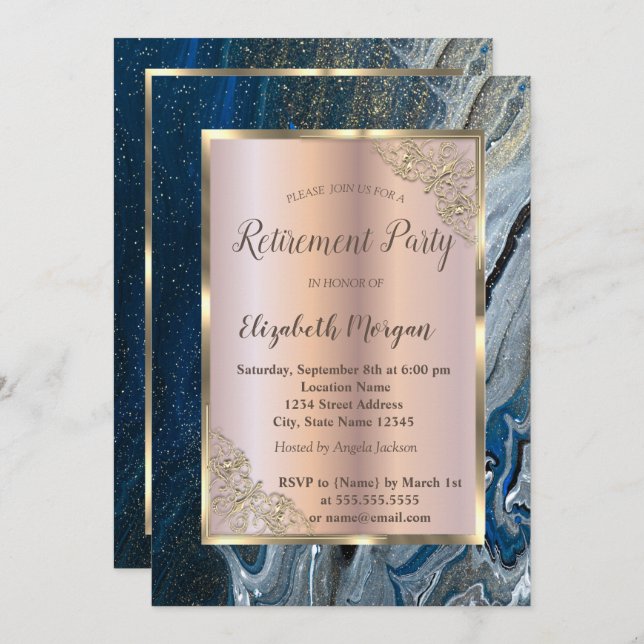 Elegant Gold Frame,Blue Marble Retirement Invitation (Front/Back)