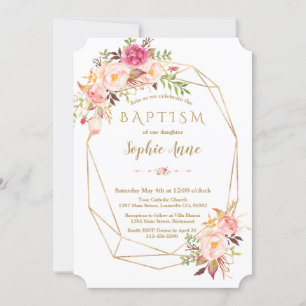 Elegant Gold Frame Blush Pink Floral Baptism Invitation