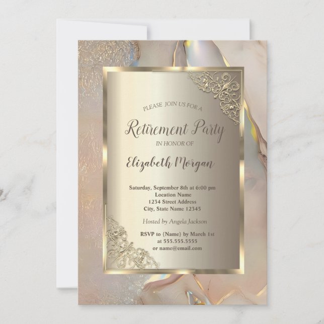 Elegant Gold Frame,Blush Pink Marble Retirement Invitation (Front)