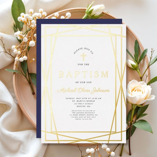 Elegant Gold Frame Boy Baptism (Elegant Gold Frame Boy Baptism Foil Invitation)