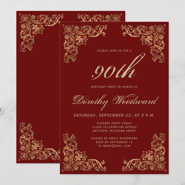 Elegant Gold Frame Burgundy Birthday Party Invitation (Front/Back)