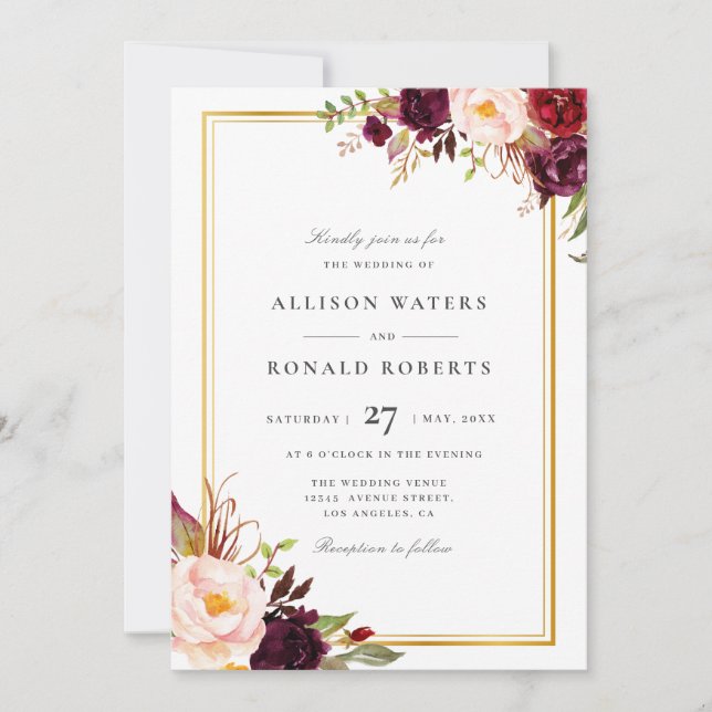 Elegant gold frame burgundy floral wedding invitation (Front)