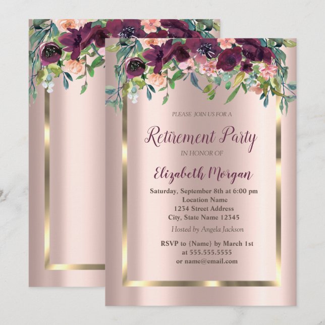 Elegant Gold Frame,Burgundy Flowers Retirement Invitation (Front/Back)