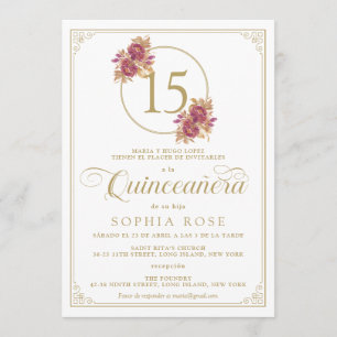 Elegant Gold Frame & Burgundy Rose Quinceanera Invitation