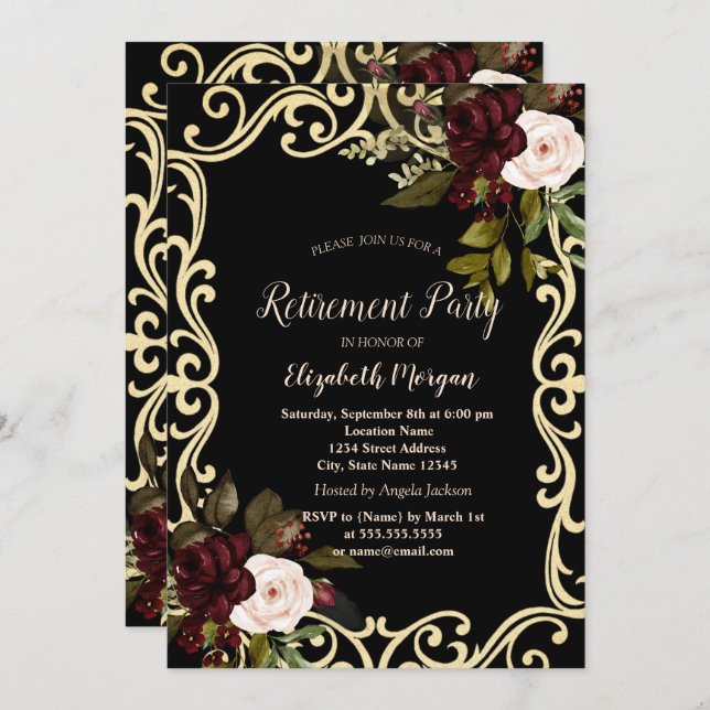 Elegant Gold Frame Burgundy Roses Black Retirement Invitation (Front/Back)