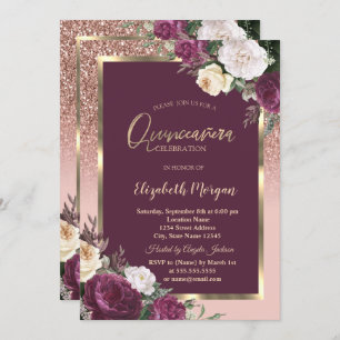 Elegant  Gold Frame Burgundy Roses Quinceañera Invitation