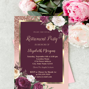 Elegant  Gold Frame Burgundy Roses Retirement  Invitation