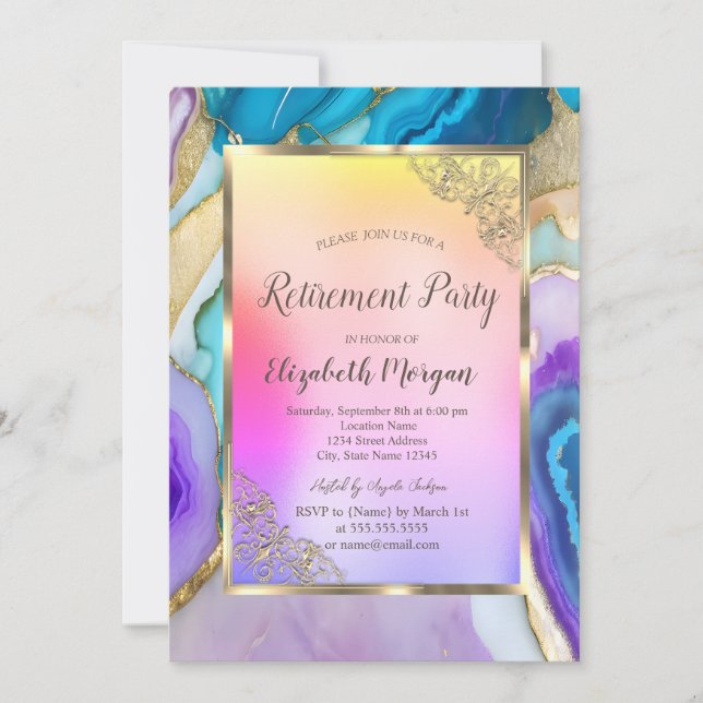 Elegant Gold Frame,Colourful Marble Retirement Invitation (Front)
