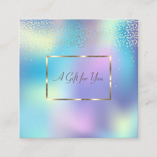 Elegant Gold Frame,Confetti Blue Holographic Discount Card (Front)