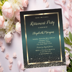 Elegant Gold Frame Confetti Dark Green Retirement Invitation