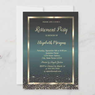Elegant Gold Frame Confetti Dark Green Retirement  Invitation