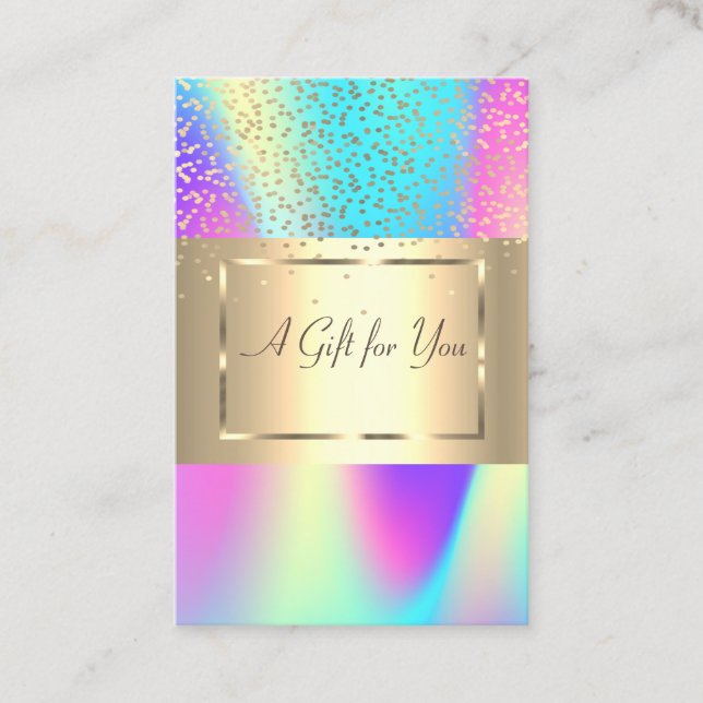 Elegant Gold Frame, Confetti Ombre Holographic Discount Card (Front)