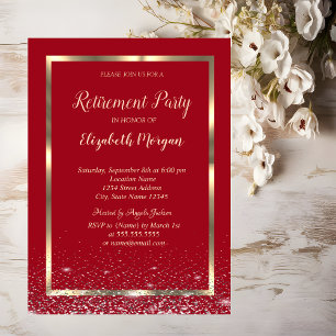 Elegant Gold Frame Confetti Red Retirement Invitation