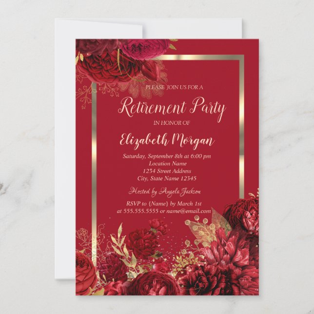 Elegant Gold Frame Confetti Red Roses Retirement Invitation (Front)