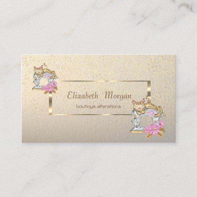 Elegant Gold Frame,Confetti Sewing Machine Cat Business Card (Front)