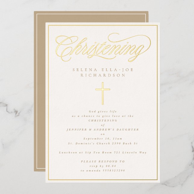 Elegant Gold Frame & Cross Calligraphy Christening (Front/Back)