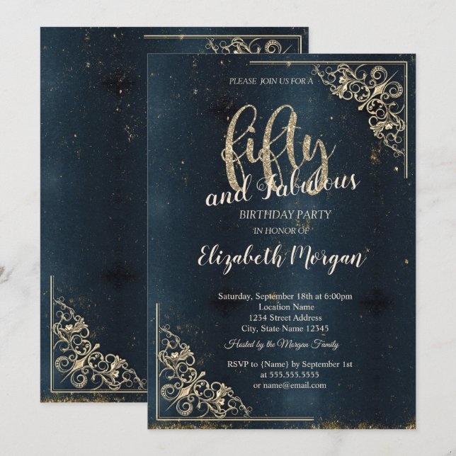 Elegant Gold Frame Dark Blue 50th Birthday  Invitation (Front/Back)
