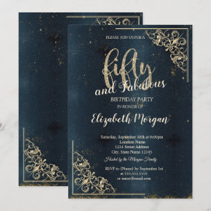 Elegant Gold Frame Dark Blue 50th Birthday  Invitation