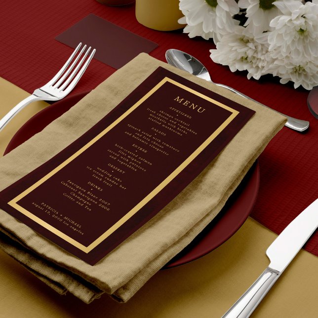 Elegant gold frame dark burgundy modern wedding menu (Creator Uploaded)