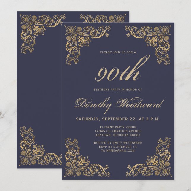 Elegant Gold Frame Dark Navy Blue Birthday Party Invitation (Front/Back)