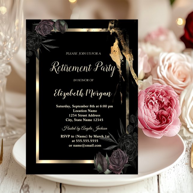 Elegant  Gold Frame Dark Roses Retirement  Invitation (Creator Uploaded)